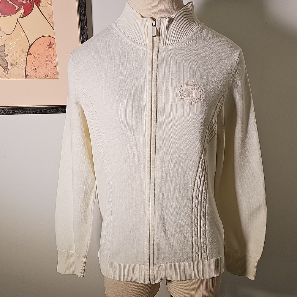 Women's Off White Zip Up  Sweater with Embroidered Logo. By‎ Tommy Hilfiger. Lg.